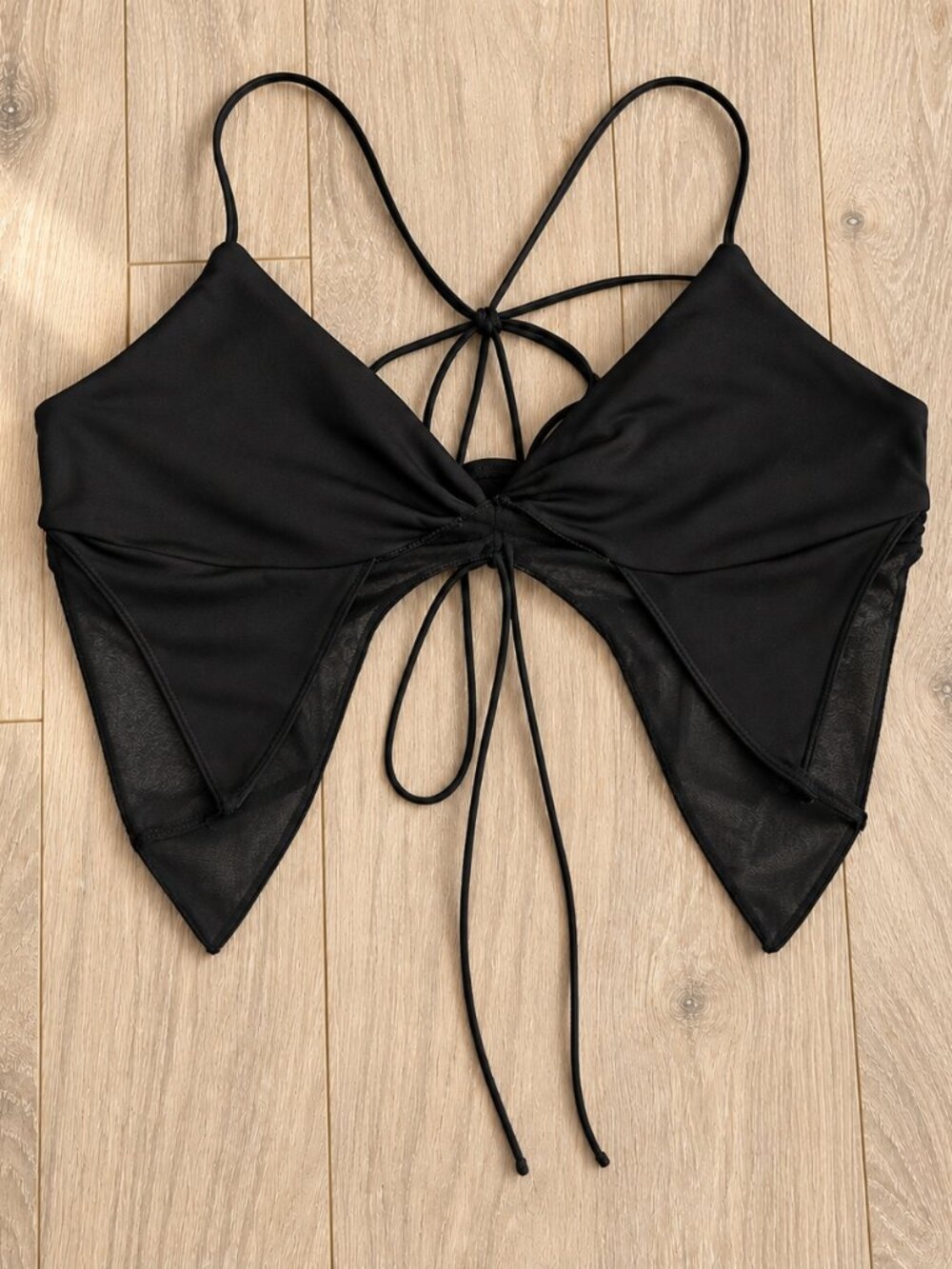 Black Butterfly Mesh Crop Top Bat Fairy Halloween Costume Y2K Tie Back Halter